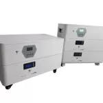Modular stackable solar battery design showing two 5.12kWh modules stacked.
