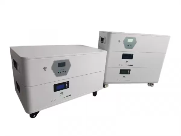 Modular stackable solar battery design showing two 5.12kWh modules stacked.