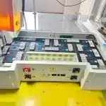 Automated laser welding of LiFePO4 cells during 5kWh stackable battery storage assembly.