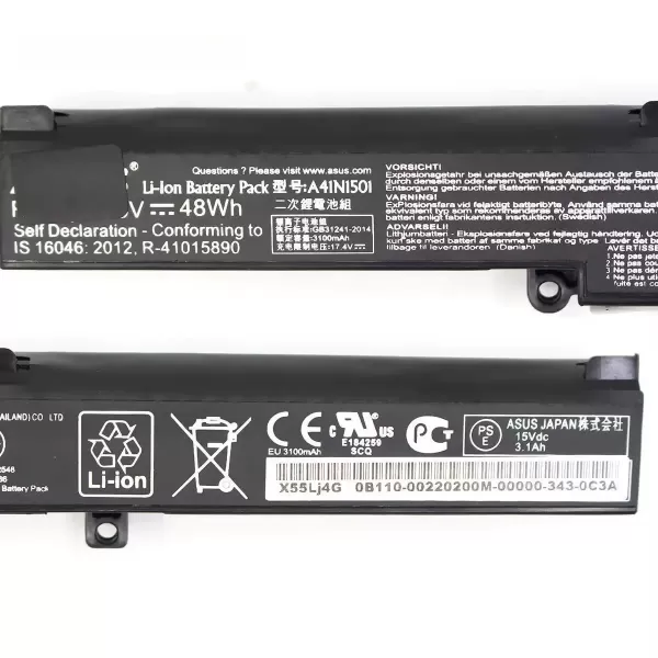 A41N1501 battery label showing 52Wh capacity and JD25G specs