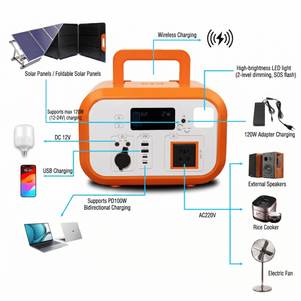600W portable power station features and output ports diagram LTS Battery