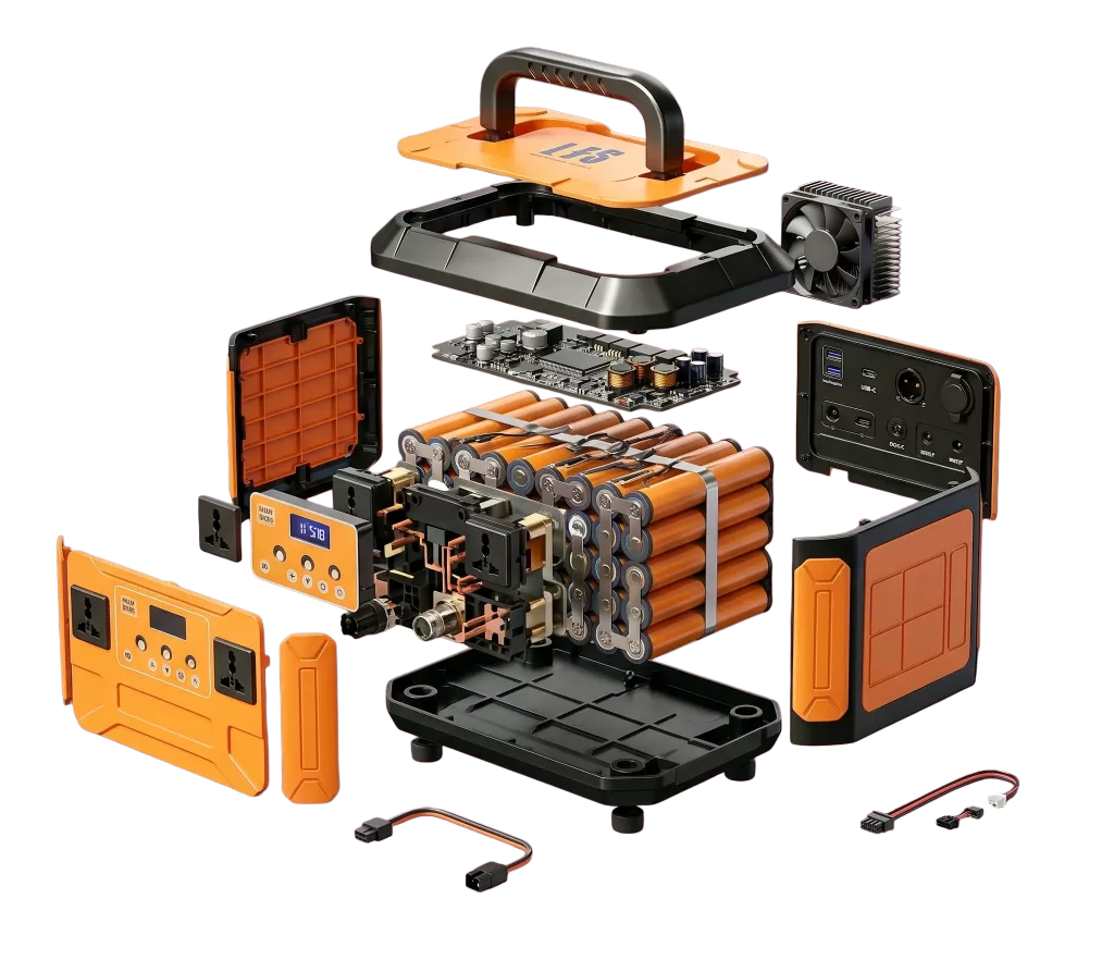 Internal structure of wholesale LiFePO4 portable power station showing Grade-A cells and Smart BMS