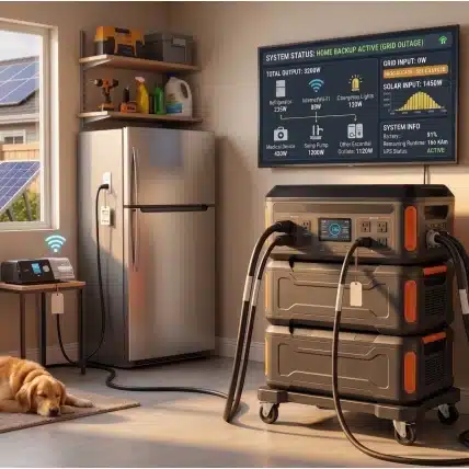 Home battery backup portable power station for emergency and solar storage