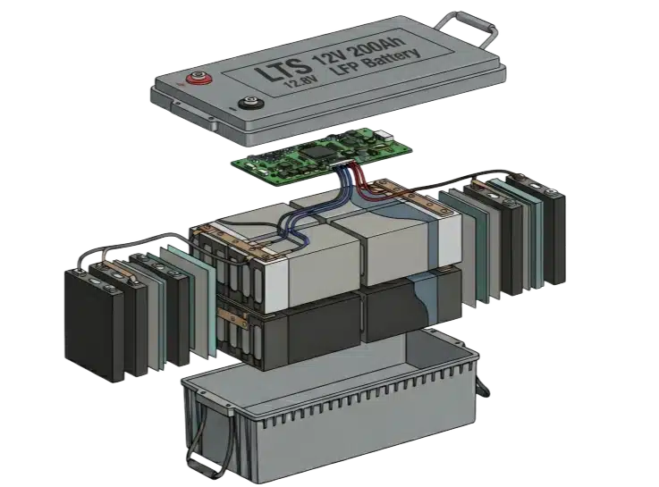 Exploded view of 12V 200Ah LiFePO4 battery pack with Smart BMS and prismatic cells