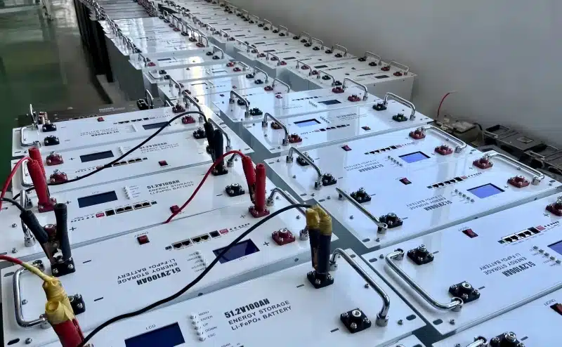 5kWh LFP rack mount batteries aligned on a factory assembly line for mass production.