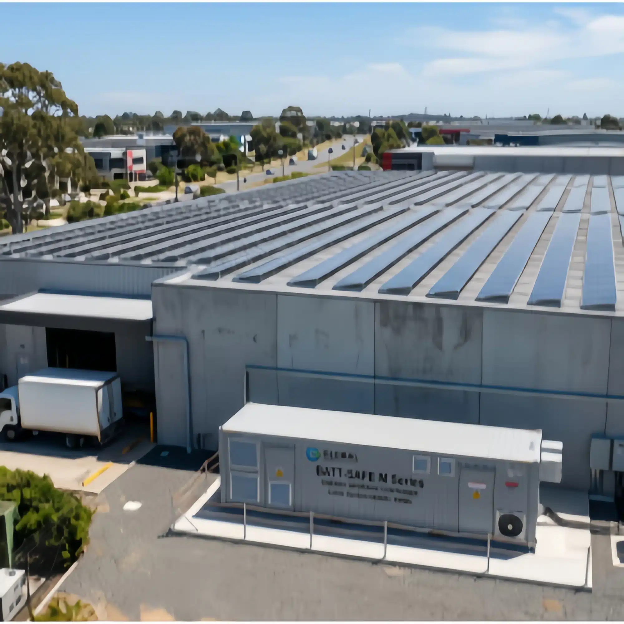 Large-scale commercial solar rooftop installation paired with an outdoor energy storage system container.