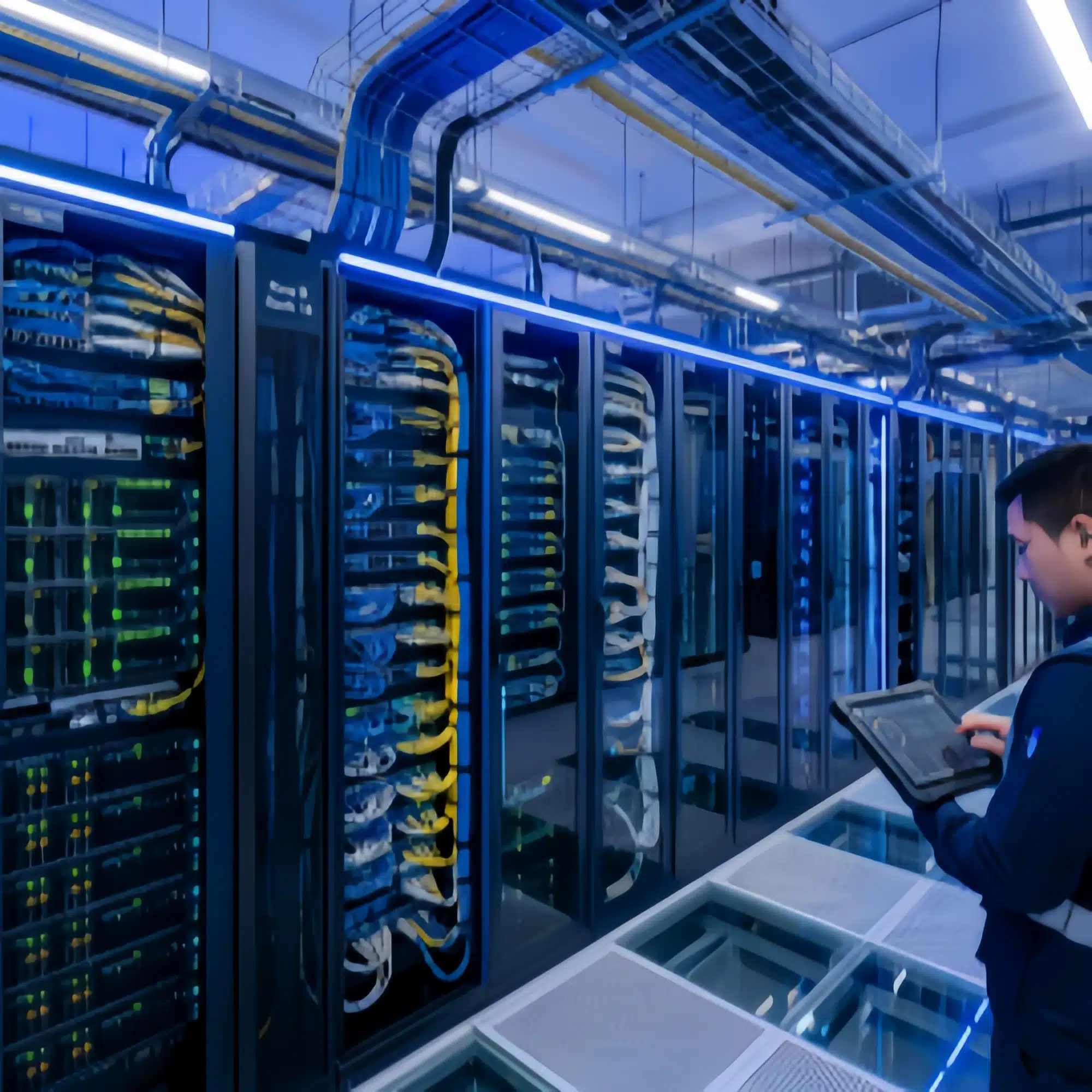 IT professional monitoring standard 19-inch server racks equipped with uninterruptible 48V backup power.