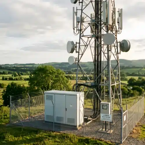 Outdoor telecommunications tower and equipment enclosure powered by reliable 48V LiFePO4 backup batteries.