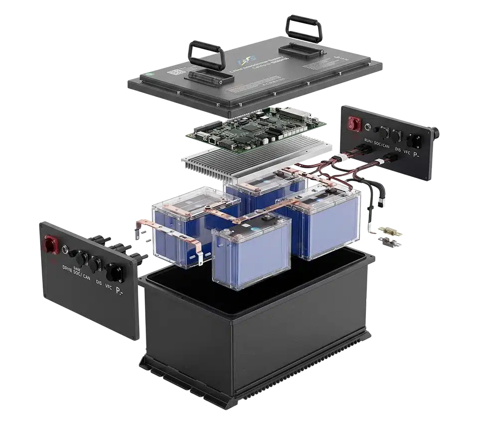 Vue éclatée d'un bloc-batterie au lithium pour voiturette de golf (vente en gros) montrant le BMS interne et les cellules
