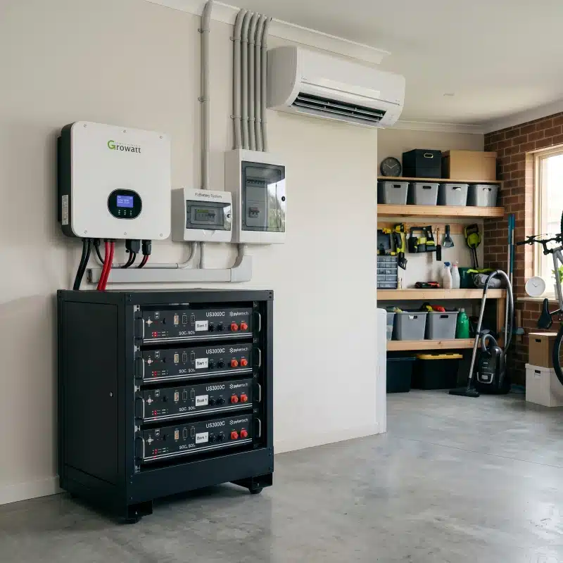 Neat residential solar installation in a garage featuring a hybrid inverter and a 48V rack mount battery cabinet.