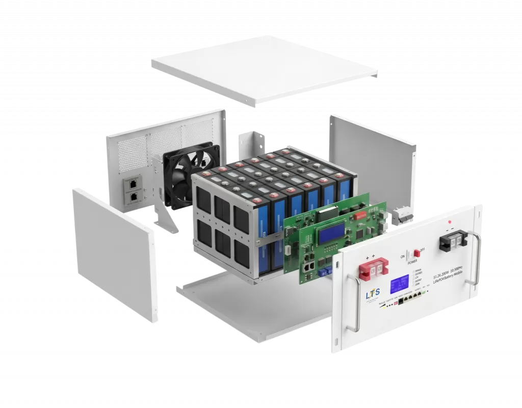 3D exploded view of a server rack mount LiFePO4 battery showing internal Grade-A prismatic cells and Smart BMS.
