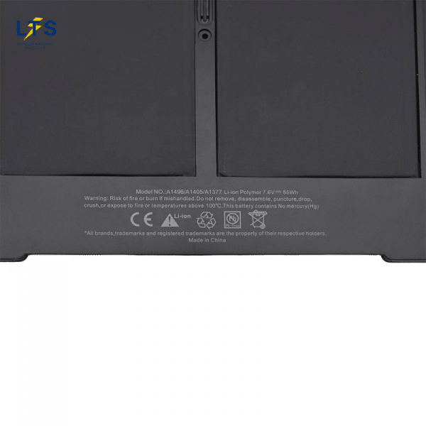 Apple A1496 battery factory certification labels and electrical laser markings